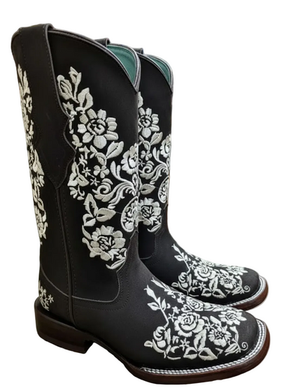 Bota Bulldog con Aplicaciones Florales Blancas