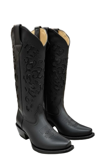 Bota Bulldog con Aplicaciones Florales Negras